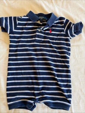 Polo by Ralph Lauren Navy & White Striped Baby Polo Romper with Red Pony